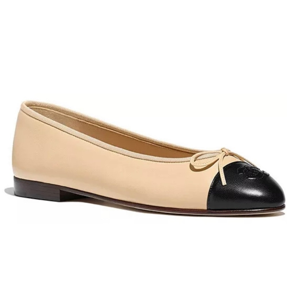 CHANEL Lambskin‎ Ballerina Beige/Black Classic Ballet Flats shoes Size 38 - Picture 4 of 14